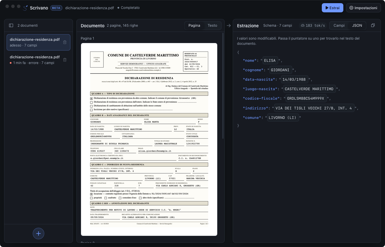 Scrivano with the sample residency form loaded